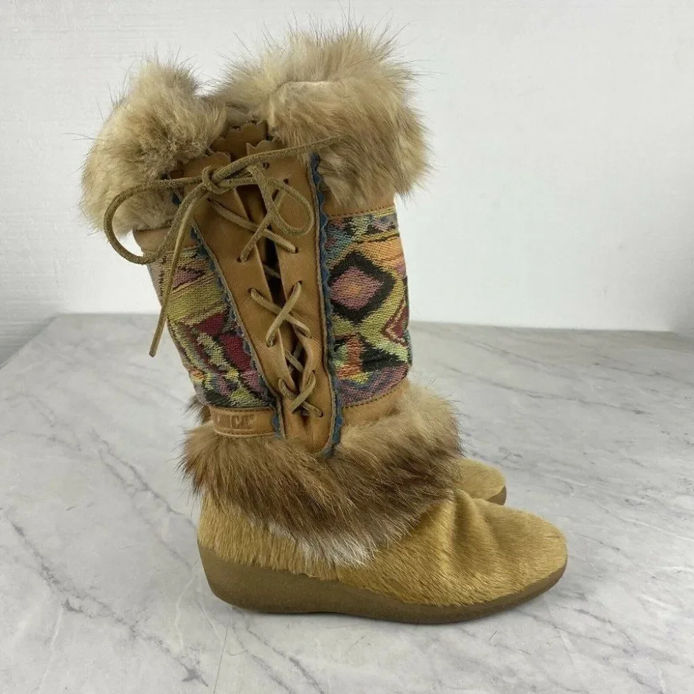 Tecnica Fur Boots 6 Womens Tan Ski Aztec Boho Festival Lace Up Apres Wedge